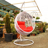 Hectarul - Scaun suspendat tip scoica din ratan, terasa/ balcon, perne rosii, cadru otel alb, 105x105x196 cm